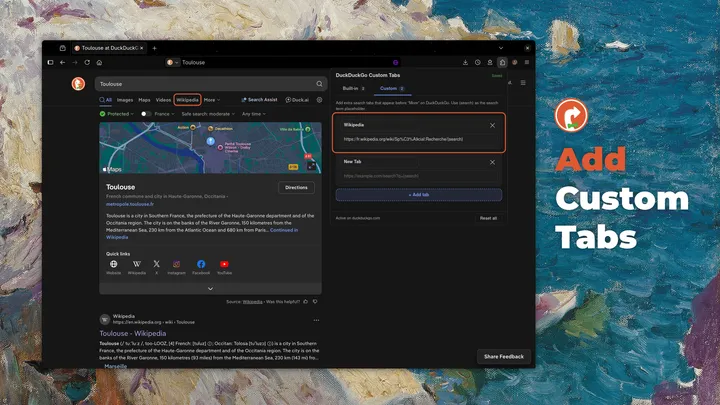 DuckDuckGo Custom Tabs : Ajout d’un onglet personnalisé vers Wikipédia.