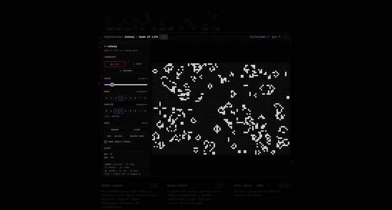 Experimental Coding : Jeu de la vie de Conway, simulation interactive.