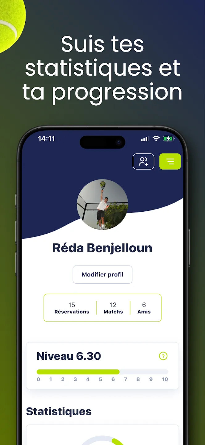 PadelGo : Profil, niveau et statistiques du joueur.