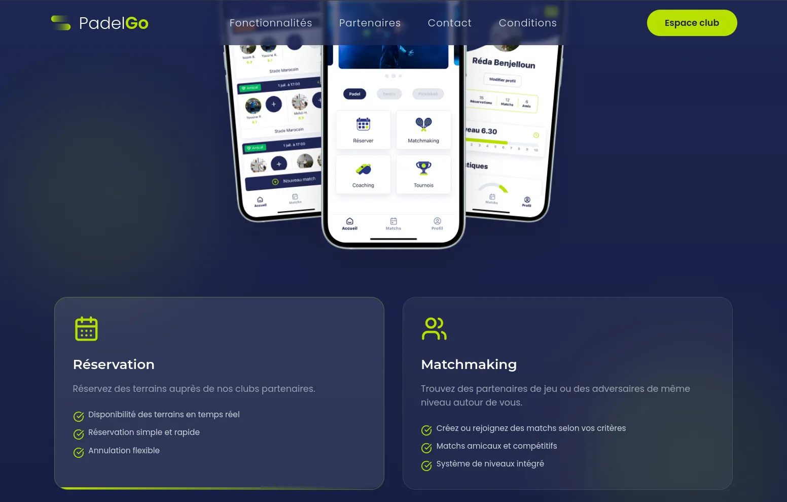 PadelGo Manager : Présentation de la réservation et du matchmaking.