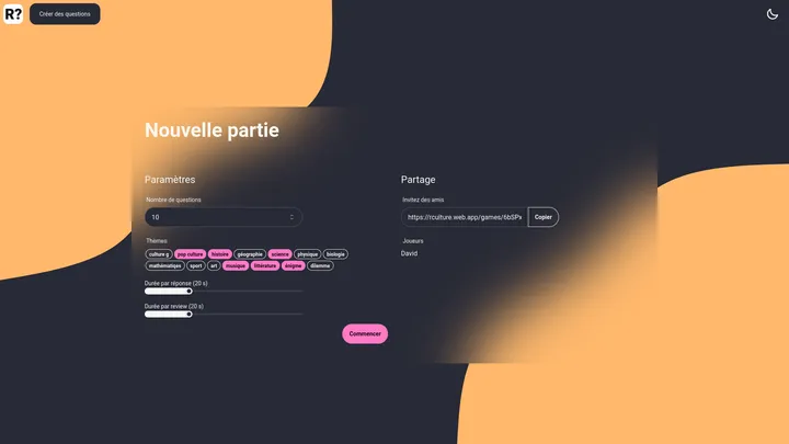 Rculture : Paramétrage d’une nouvelle partie.
