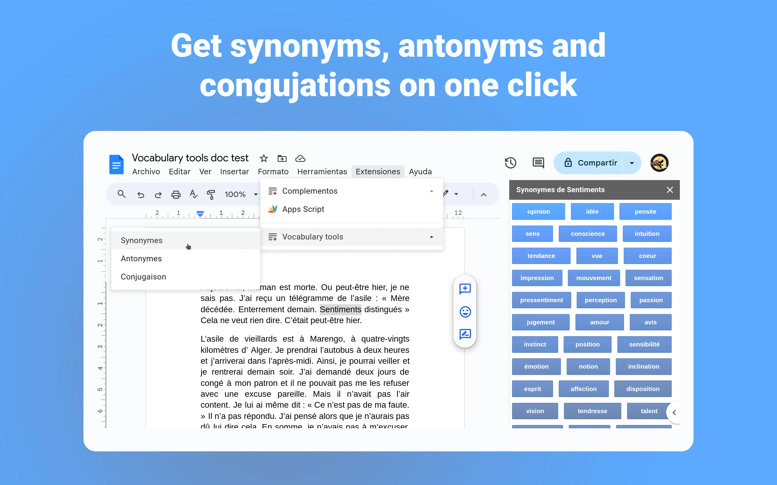 Vocabulary Tools for Google Docs : Panneau des synonymes dans l’éditeur.