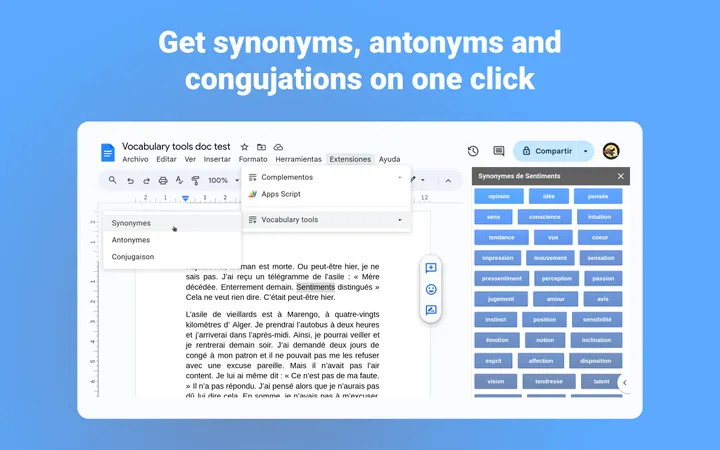 Vocabulary Tools for Google Docs : Panneau des synonymes dans l’éditeur.